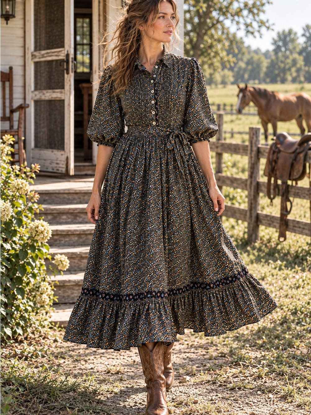 Byer Too! Vintage Black Floral Cotton Prairie 7 Dress Cottagecore Western Boho